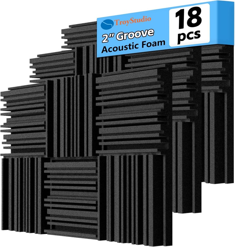 TroyStudio Thick Acoustic Foam Panels, 12 X 12 X 2 Inch 18 Pcs Broadband Sound Absorbing Foam, Dense Soundproof Padding Tile, Recording Studio Foam Absorber, Groove Decorative 3D Wall Ceiling Panel - Image 1